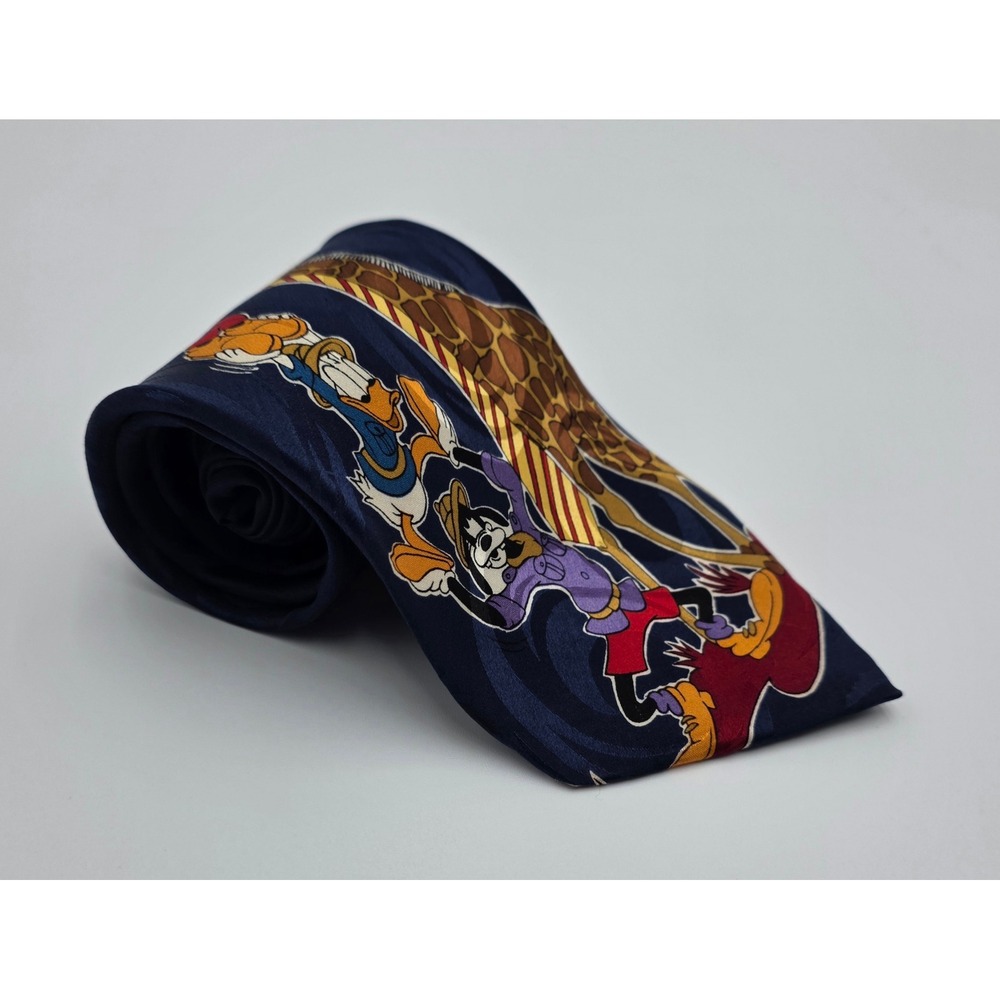 Disney Mickey Unlimited Tie 100% Silk Cartoon Characters Giraffe Navy Blue‎